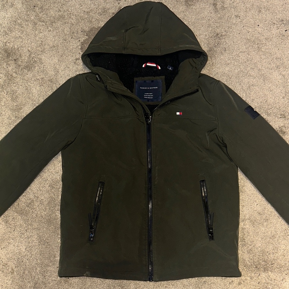 Tommy Hilfiger Mens Hooded Jacket Performance Full Zip Olive Green Size S